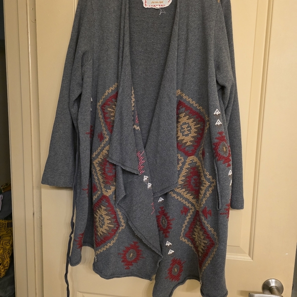 XL Johnny Was Womens Grey Aztec Embroidered Kimono Duster Cardigan Boho Ethnic - Picture 7 of 7
